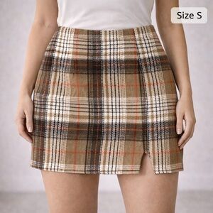 Tan Plaid Mini Skirt with Front Slit